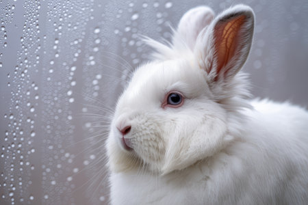 White fluffy rabbit gazing outside near raindrop covered glass window during a calm, rainy day with soft natural lighting.の素材