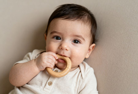 Adorable baby lying on a soft surface, holding and chewing a wooden teether while wearing a neutral toned outfit.の素材