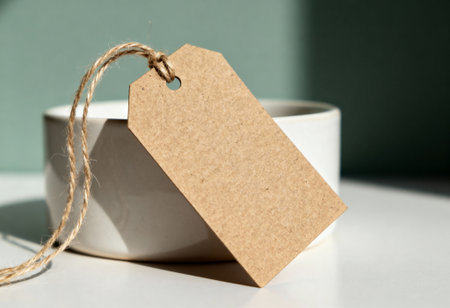 Blank kraft paper tag with twine on ceramic bowl in sunlight, minimalist label or price tag concept for modern branding display.の素材