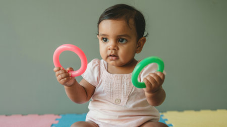 Curious baby girl in pink outfit sitting on play mat holding colorful plastic rings, exploring toys in bright indoor setting.の素材