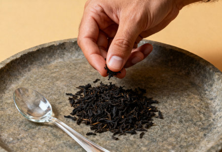 Hand picking dried loose leaf black tea onto stone plate with metal spoon, focusing on organic beverage preparation and selection.の素材