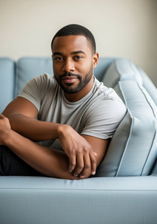 Confident young man relaxing on a modern light blue sofa in a bright living room, wearing a casual gray t shirt and smiling gently.の素材