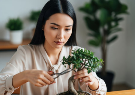 Focused young woman carefully trimming small bonsai tree indoors, engaging in mindful gardening and indoor plant care with precision.の素材
