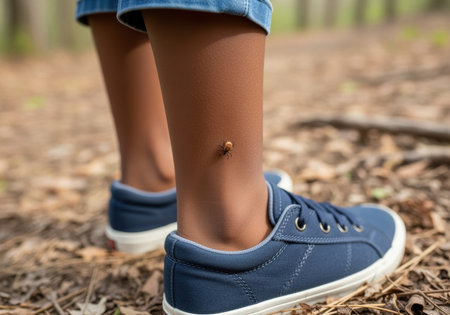 Close up of child's leg outdoors with beetle crawling on skin wearing blue sneakers on a nature trail among fallen leaves.の素材