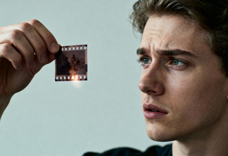 Young man examining a film negative closely, scrutinizing detail under natural light in a modern minimalist setting.の素材