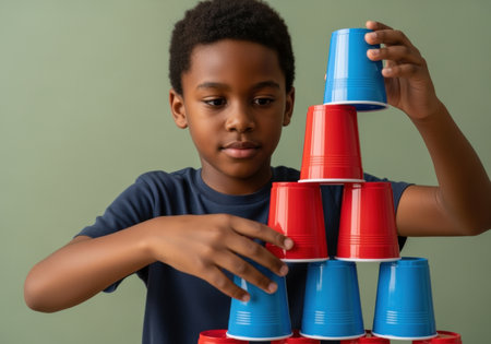 Focused young boy builds a colorful pyramid by stacking red and blue plastic cups against a plain green background.の素材