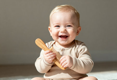 Smiling baby sitting indoors wearing beige clothes and holding a wooden comb in natural daylight with a joyful expression.の素材