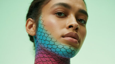 Confident woman with vibrant mermaid inspired face paint and scale pattern looking at camera against pastel green background.の素材