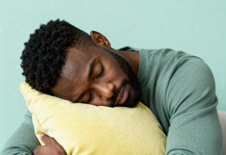 Relaxed young man napping on yellow pillow against pastel green background, peaceful rest and comfortable indoor lifestyle.の素材