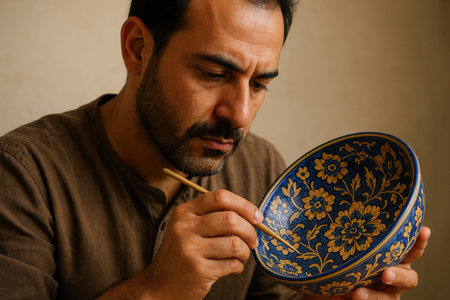 Meticulous artisan hand painting intricate floral patterns on a traditional ceramic bowl with thoughtful precision and focused care.の素材