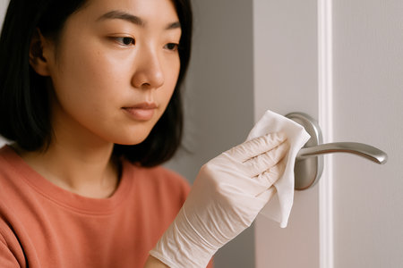 Woman wearing gloves cleaning a door handle with a disinfectant wipe indoors for hygiene and germ prevention.の素材