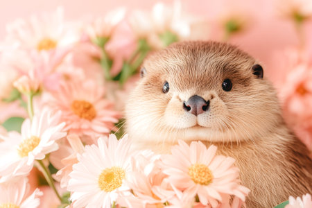 Adorable otter surrounded by pink daisies in a whimsical floral scene creating a cute and serene animal portrait.の素材