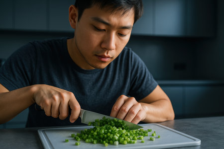 Focused young man chopping fresh green onions on a kitchen counter, preparing ingredients for a healthy homemade meal.の素材