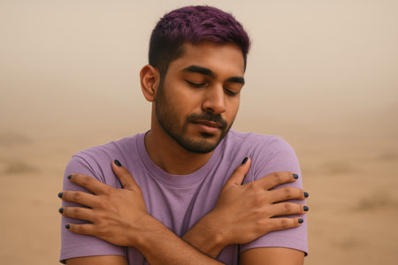 Young man with purple hair in matching shirt embracing himself, eyes closed in a desert, expressing self acceptance and calm.の素材