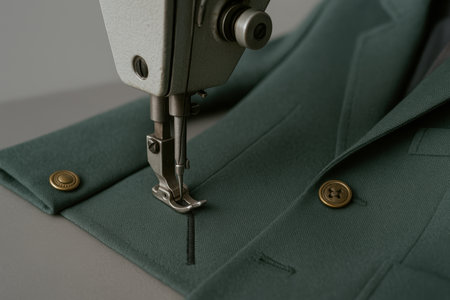 Industrial sewing machine stitching buttonhole detail on green blazer with gold buttons for professional garment tailoring.の素材