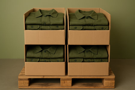 Neatly folded green shirts organized in cardboard boxes on a wooden pallet for wholesale distribution and efficient storage.の素材