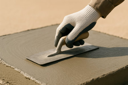 Worker's gloved hand using steel trowel to smooth freshly poured concrete slab at a construction site on a sunny day.の素材