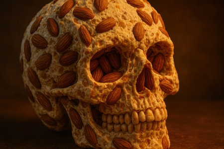 Human skull made of textured dough adorned with whole almonds, dark background highlights surreal food and anatomy fusion.の素材