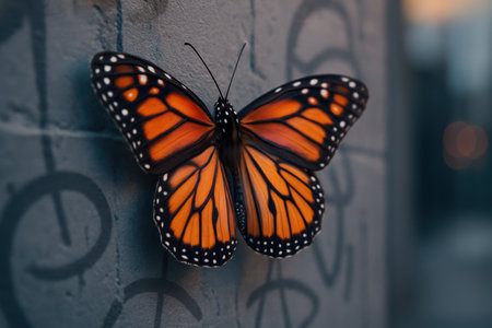 Monarch butterfly with vibrant orange and black wings resting on an urban wall with faded graffiti in soft evening light.の素材