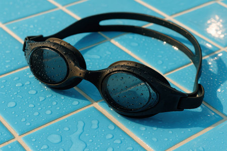 Black swimming goggles resting on wet blue pool tiles with water droplets in bright daylight for aquatic sports and fitness.の素材