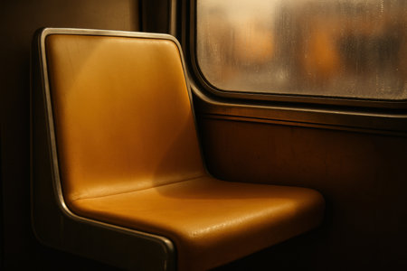 Empty yellow seat beside foggy window on public transportation during a rainy day with warm interior lighting and soft reflections.の素材