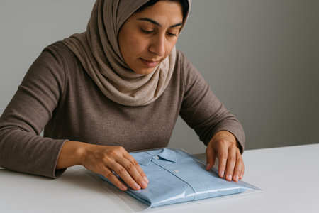 Muslim woman carefully packing a neatly folded blue shirt in a transparent bag while sitting at a white table indoors.の素材