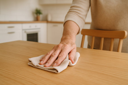 Person wiping wooden table with cloth in modern kitchen, focusing on daily hygiene, cleanliness, and household chores.の素材