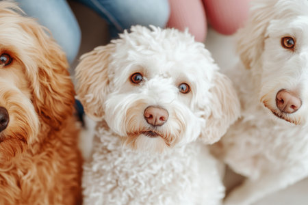 Adorable fluffy white and caramel doodle dogs looking up with expressive eyes in a cozy indoor setting.の素材