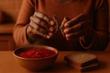 Person breaking rye bread at a cozy table with a warm bowl of tomato soup and steam rising in a softly lit kitchen interior.の素材