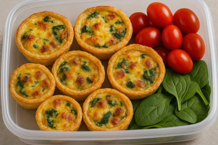 Mini spinach and cheese quiches arranged in a lunchbox with fresh cherry tomatoes and baby spinach leaves for a healthy meal.の素材