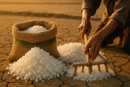 Worker harvesting sea salt crystals into piles on dry cracked earth during sunset, with a woven sack filled with harvested salt.の素材