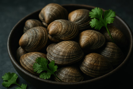 Fresh clams in a dark bowl garnished with vibrant green cilantro leaves, showing natural texture and rustic seafood presentation.の素材
