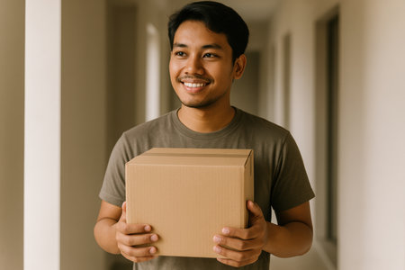 Smiling young man holding cardboard box in hallway, concept of delivery, online shopping, moving, home service, and e-commerce.の素材