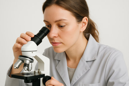 Focused female scientist examining biological sample using laboratory microscope in modern research facility.の素材