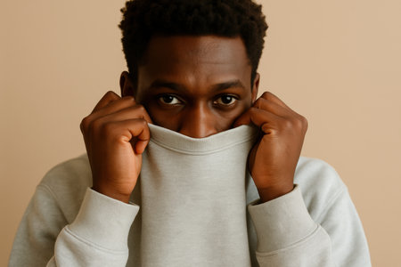 young man in light sweatshirt covering lower face with collar, expressing shyness and curiosity against neutral beige background.の素材