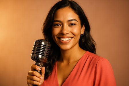 Confident young woman in coral dress smiling and holding retro microphone in warm studio light.の素材