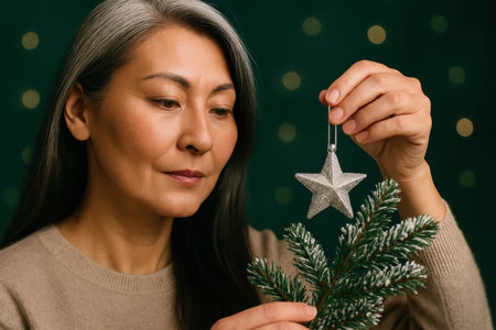 mature woman decorating evergreen branch with glittering silver star ornament during festive winter celebration indoors.の素材