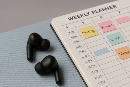 Black wireless earbuds placed beside an open weekly planner with organized daily schedule on a minimalist office desk setting.の素材