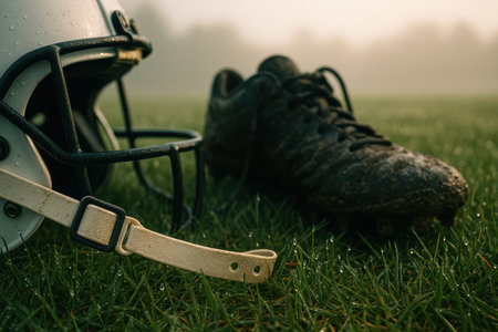 Muddy football cleat and white helmet on wet grass field at sunrise symbolize early morning sports training and competition.の素材