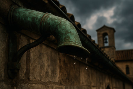 Aged copper downspout dripping water on gloomy day with historic stone building and bell tower under dramatic cloudy sky.の素材