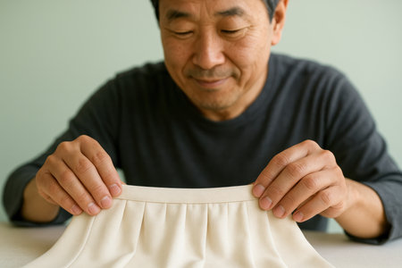 Smiling middle aged man carefully examining and smoothing out pleated fabric garment indoors under soft natural light.の素材
