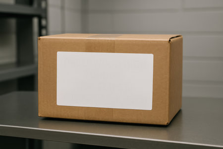 Cardboard shipping box with blank label on metal table in storage or warehouse environment, ready for packaging and delivery.の素材
