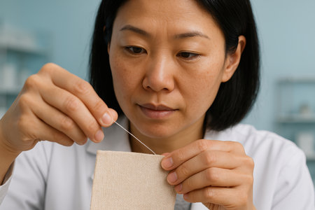 Focused woman sewing fabric with a needle, skillfully threading and stitching material in a clean workspace, demonstrating detailed handiwork.の素材
