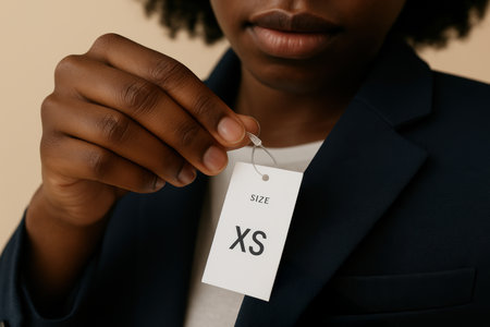 Confident person holding clothing tag with small extra size label while wearing a dark blazer, close up of hand and label.の素材