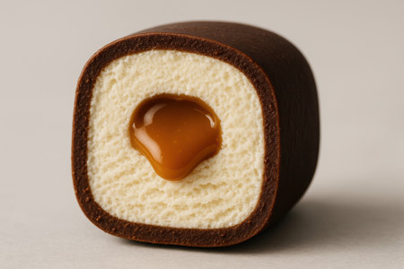 Chocolate coated sponge cake with creamy caramel center on neutral background, showing dessert texture and sweet filling.の素材