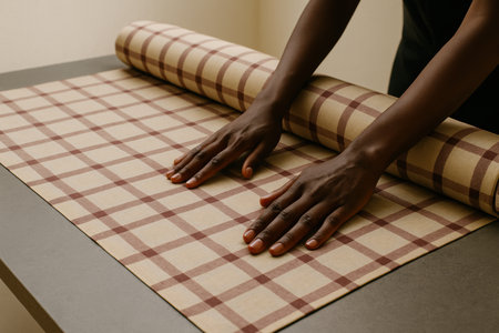 Person rolling out checkered fabric on a flat surface, preparing material with hands for sewing or creative textile project indoors.の素材
