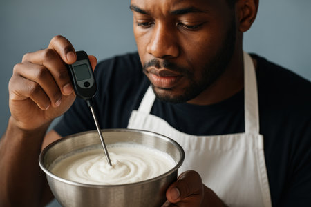 Male chef using digital thermometer to check temperature of creamy yogurt mixture in stainless steel bowl during food preparation.の素材