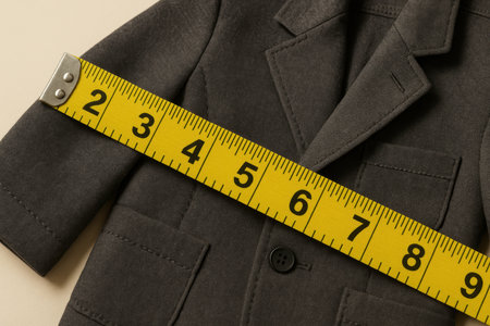 Tailored dark blazer for children measured with yellow tape for precise fit on neutral background, showing custom garment sizing.の素材
