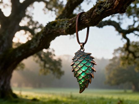 Vintage green dragon scale pendant hanging on tree branch in misty morning forest, nature inspired jewelry with metallic detail.の素材