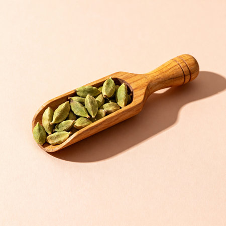 Green cardamom pods in a wooden scoop set on a pastel background under natural sunlight with vibrant shadows.の素材